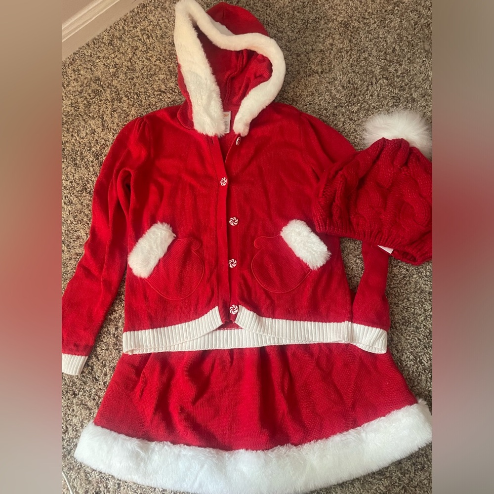 Gymboree Christmas set with hat, red size 7 skirt, 8 hat and sweater with fur